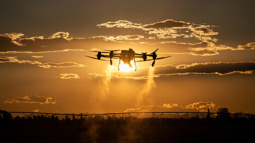 Spray drone applying product over a corn field at sunset, silhouetted against the sky with visible mist drifting downward.