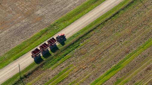 Tractor pulling grain carts down road