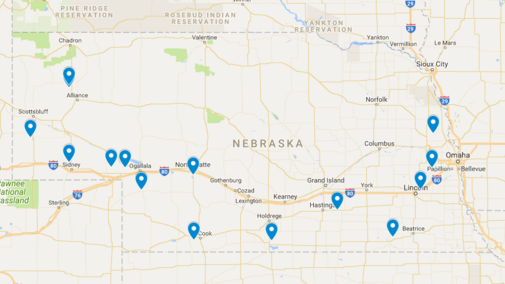 Map of 2018 Winter Wheat Field Day Sites in Nebraska