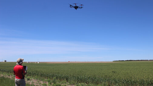 Bijesh Maharjan, soil and nutrient management specialist, pilots an unmanned aerial vehicle (UAV, or drone) equipped with sensors over a wheat test plot.