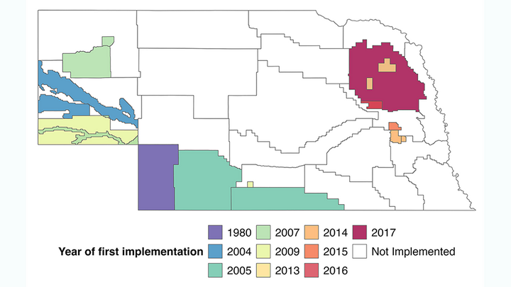 nebraska map with groundwater allocation affected regions highlighted and color codedq
