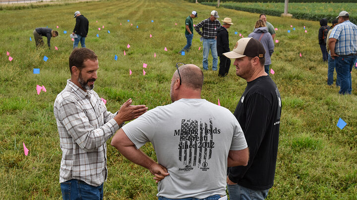 A Nebraska Extension educator speaks with two farmers in a research plot marked with blue and pink flags during a SCAL Field Day. Other attendees observe and discuss plots in the background. 
