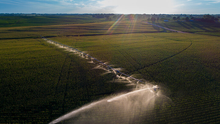 Center pivot irrigation runs in field, backlit by bright sun