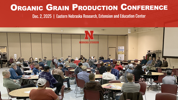 Audience seated at round tables during a panel discussion at the Organic Grain Production Conference near Mead in 2024