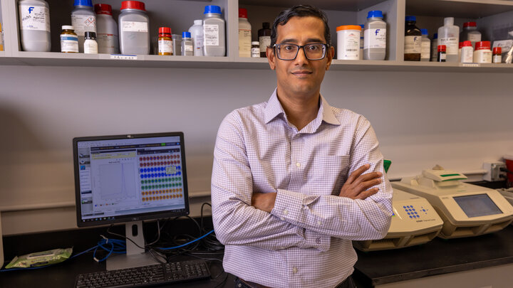 Sunil Sukumaran, assistant professor of nutrition and health sciences at the University of Nebraska–Lincoln, poses in a lab.