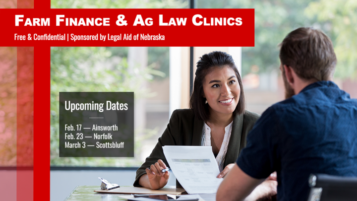 Woman meeting one-on-one with a man at a table, reviewing paperwork, with text promoting Farm Finance and Ag Law Clinics and upcoming dates.
