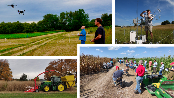 Drone testing, crop machinery, and agricultural field research activities in rural settings.