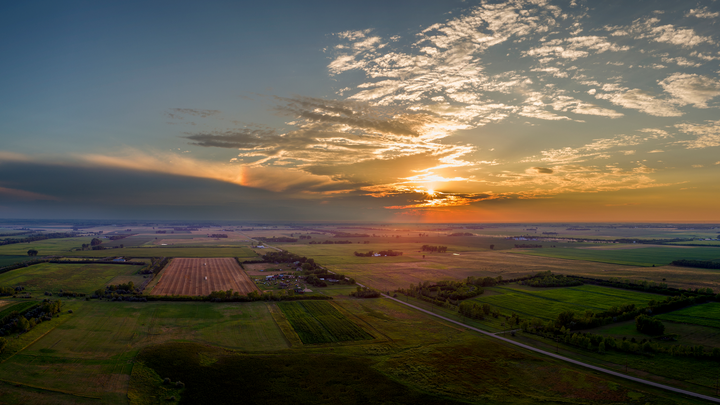 aerial shot of cropland in midwest