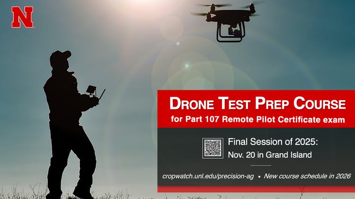 Silhouette of a person operating a drone under a bright sky, promoting the UNL Drone Test Prep Course for the Part 107 Remote Pilot Certificate exam, with course date and website details.