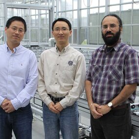 Hongfeng Yu (from left), Yufeng Ge and Harkamal Walia have received a National Science Foundation grant to develop a multi-wavelength laser ranging and imaging instrument for phenotyping plant shoots at the whole-plant level. (Hailey Steinkuhler/IANR Media)
