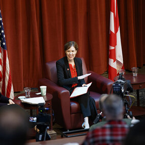 Andrea Durkin (left), editor-in-chief of TradeVistas; Darci Vetter (center), diplomat in residence at Nebraska; and Brian Kuehl, executive director of Farmers for Free Trade, discuss how international trade affects rural America during the final Heuermann Lecture of the 2017-18 season March 13 at Nebraska Innovation Campus.