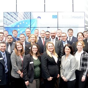 LEAD 37 fellows pose at the European Commission office in Brussels, Belgium, during their international study/travel seminar. Applications for Group 39 are now being accepted.