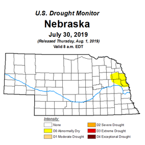 Aug. 1 Drought Monitor shows abnormally dry areas in east central Nebraska