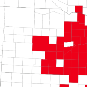 map showing southern rust in 45 Nebraska counties