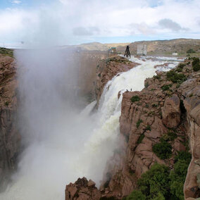 Water flows into spillway from Pathfinder Reservoir