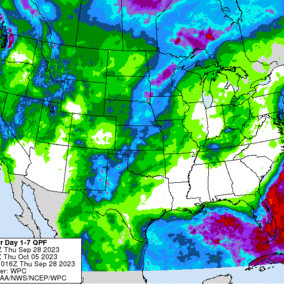 Seven day precipitation forecast map