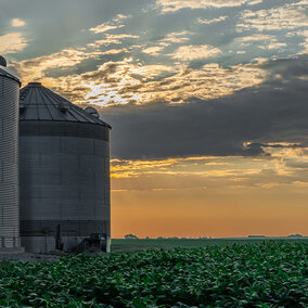 Grain silos on farm at dusk