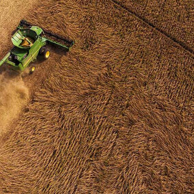 Aerial shot of combine in soybean field