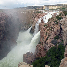 Pathfinder Dam as water rushes