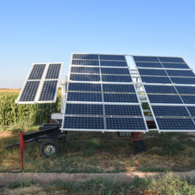 Solar panels in front of corn field