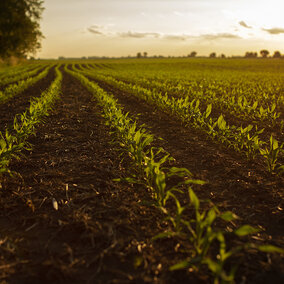 Young row crop plants in field