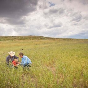 Man, woman and child kneel in pasture