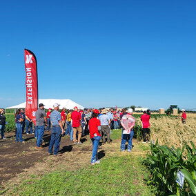 People gather at field border to hear presentation