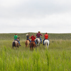 Family riding horses through pasture