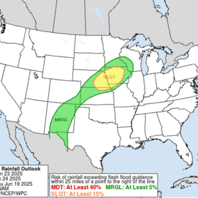 U.S. map showing the excessive rainfall outlook for June 23, 2025. A slight risk of excessive rainfall and flash flooding is forecast across parts of eastern Nebraska, Iowa, and northern Missouri, with a broader marginal risk zone extending from Texas to the Great Lakes.