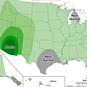 U.S. precipitation probability map for June 2025 showing above-normal chances in the Southwest, Mid-Atlantic, and Alaska, with most other areas leaning slightly above normal and several regions labeled near normal.