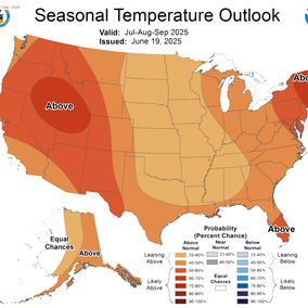 NOAA seasonal temperature outlook map for July through September 2025, showing increased chances of above-normal temperatures across most of the U.S., especially in the western and northeastern regions.