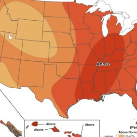 A U.S. weather outlook map showing a high probability of above-normal temperatures across most of the country, with the darkest shading over the Midwest and Southeast. Nebraska and surrounding states are highlighted in shades of orange, indicating a moderate chance of warmer-than-normal conditions. Alaska, Hawaii, and U.S. territories are also shown in insets, with similar above-normal trends.