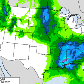 48-hour precipitation forecast map for the United States valid through Sunday, Oct. 26, 2025, showing widespread rainfall potential across the Pacific Northwest, northern Plains, and parts of the central and eastern U.S. Nebraska remains mostly dry, with only light precipitation expected in the northeast.