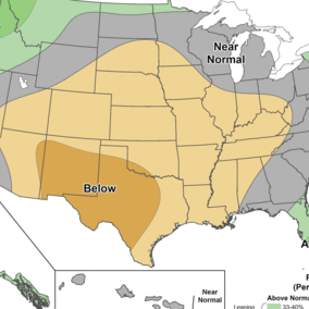 U.S. climate outlook map showing probabilities for November–January precipitation, with below-normal chances across the central and southern Plains, near-normal in much of the Midwest, and above-normal in parts of the Pacific Northwest, Northeast, and southern Alaska.