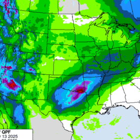 A national precipitation forecast map showing expected rainfall totals over seven days, with heavier amounts along the West Coast and lighter totals across the Plains.