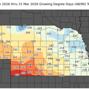 Map of Nebraska showing alfalfa weevil growing degree day totals (base 48°F) from Jan. 1–March 15, with most areas exceeding the 200 GDD scouting threshold.