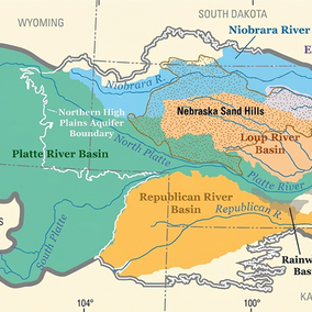Map illustrating the Greater Platte River basins and surrounding regions with distinct color-coded areas.