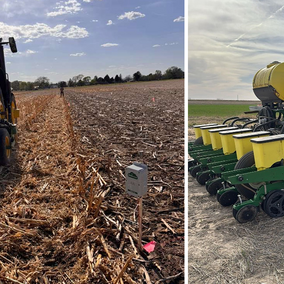 Two green and yellow tractors planting seeds in a harvested cornfield under a sunny sky.