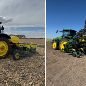 Green tractor planting in a field; second image shows tractor loading seed from a loader under clear sky.