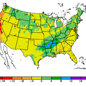 US map showing winter departure from normal precipitation