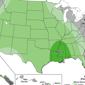 U.S. map showing regions with above, below, and near-normal rainfall probabilities in green, gray, and white.