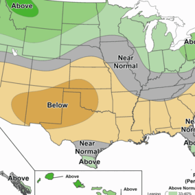 NOAA 8–14 day precipitation outlook showing Nebraska near normal, with drier conditions south and wetter chances north.