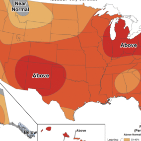 U.S. climate map showing the 8–14 day temperature outlook, with most of the country shaded in red tones indicating a higher probability of above-normal temperatures. Alaska is mixed, with below-normal temperatures in some regions. Issued July 30, 2025.