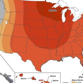 U.S. 6–10 day temperature outlook showing above-normal temps favored across most of the country (strongest Upper Midwest), near-normal along parts of the West Coast, and below-normal over portions of coastal Alaska/Aleutians.