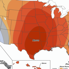 U.S. map showing temperature outlook with above-normal temperatures expected across most of the central and eastern United States, below-normal temperatures in parts of the West Coast, and near-normal conditions along the Northeast and Pacific Northwest coasts.