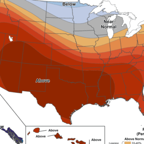 Map shows above-normal temperature probabilities across most of the southern U.S., with near- to below-normal temperatures across the northern Plains and Upper Midwest.