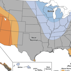 Map of the U.S. showing temperature outlook probabilities. Above-normal temperatures are favored across the western U.S. and parts of Florida, below-normal temperatures across the Upper Midwest and Great Lakes, and near-normal conditions across much of the central and southern Plains.
