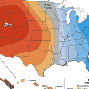U.S. map showing temperature outlook: above normal across the western states, near normal in the central Plains, and below normal across the eastern U.S.