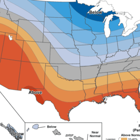 U.S. temperature outlook map showing below-normal temperatures across the northern Plains and Midwest, near-normal central areas, and above-normal temperatures across the Southwest and South.