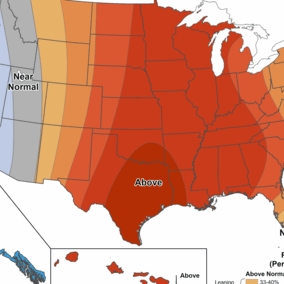 U.S. temperature outlook map showing above-normal temperatures across much of the central and eastern U.S., with below-normal conditions along the West Coast and Alaska.